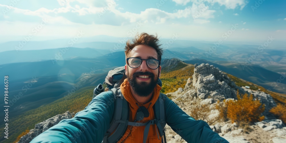 Hiker man reaches the summit of a mountain, capturing the triumphant moment by taking a selfie portrait. Convey the joy and accomplishment in his expression as he smiles at the camera Hiker man reaches the summit of a mountain, capturing the triumphant moment by taking a selfie portrait. Convey the joy and accomplishment in his expression as he smiles at the camera