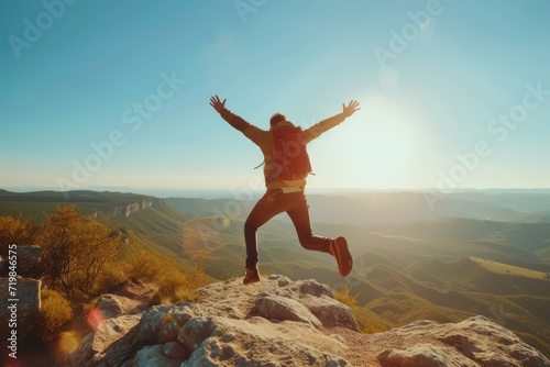 Photograph of Happy man, with arms raised, is jumping on the top of a mountain, celebrating his success as a hiker on a cliff capture the elation and achievement in his expression