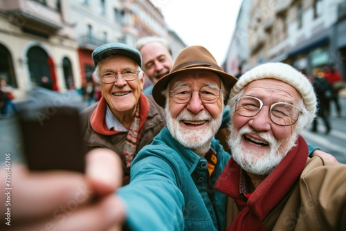 Elderly friends strolling down a city street. And record the moment by taking a selfie. Convey their joy and camaraderie as they enjoy their time with friends in the big city