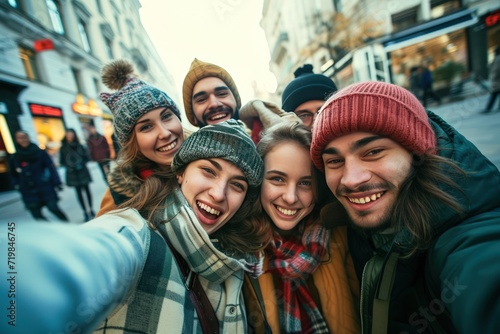 Group of friends is strolling down a city street, capturing the moment by taking a selfie. Convey the happiness and camaraderie as they enjoy each other's company in the urban setting