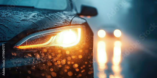  a headlight of a car on a vehicle with rain fog on the road  the weather is a dangerous road   forest looks dark and foreboding with colorful mist