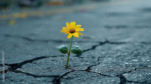 A small flower growing in a crevice in the roadway with close shot, big copy space, Generative AI.