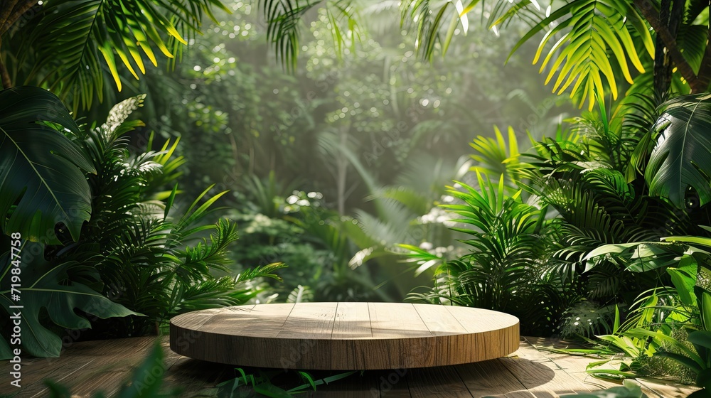 Wooden podium in tropical forest for product presentation - AI Generated Wooden podium in tropical forest for product presentation - AI Generated