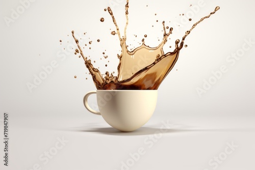 Coffee Splash Dramatically Pouring into a White Cup, Creating an Engaging Visual Story on a White Backdrop, Generative AI