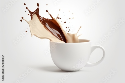 Pouring Coffee Splash, Gracefully Filling a Stylish White Cup, Against a Seamless White Backdrop, Generative AI