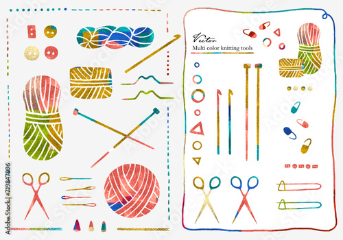 Vectorized illustration set of colorful yarn and various knitting tools decoration materials. with yarn frame and stitch lines.Recommended for craft stores, knitting class and all knitters. photo