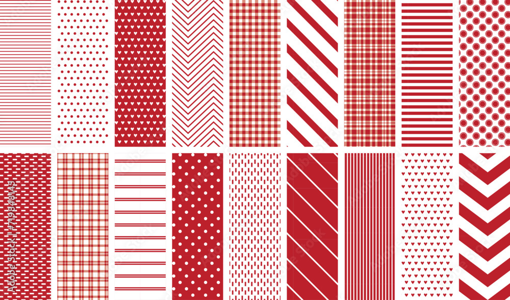 Red and white seamless pattern set. 18 repeating patterns for fabric, backgrounds, apparel, paper, scrapbooking, and more. Holiday, Valentine's Day, Christmas. Classic, retro, simple, preppy.