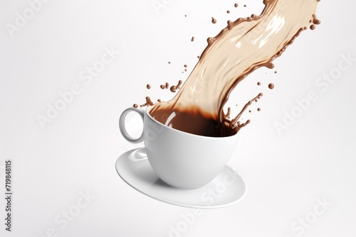 White Coffee Cup Being Graced by a Pouring Coffee Stream, Manifesting the Essence of the Brew on a White Background, Generative AI