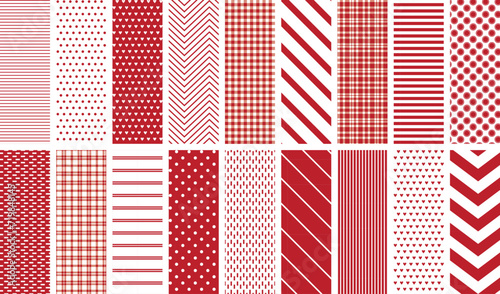 Red and white seamless pattern set. 18 repeating patterns for fabric, backgrounds, apparel, paper, scrapbooking, and more. Holiday, Valentine's Day, Christmas. Classic, retro, simple, preppy. 