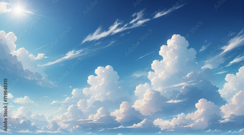 The view of the bright blue sky with clouds and the shining sun is very beautiful. Bright sky background - obrazy, fototapety, plakaty 