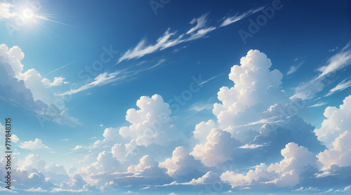 The view of the bright blue sky with clouds and the shining sun is very beautiful. Bright sky background