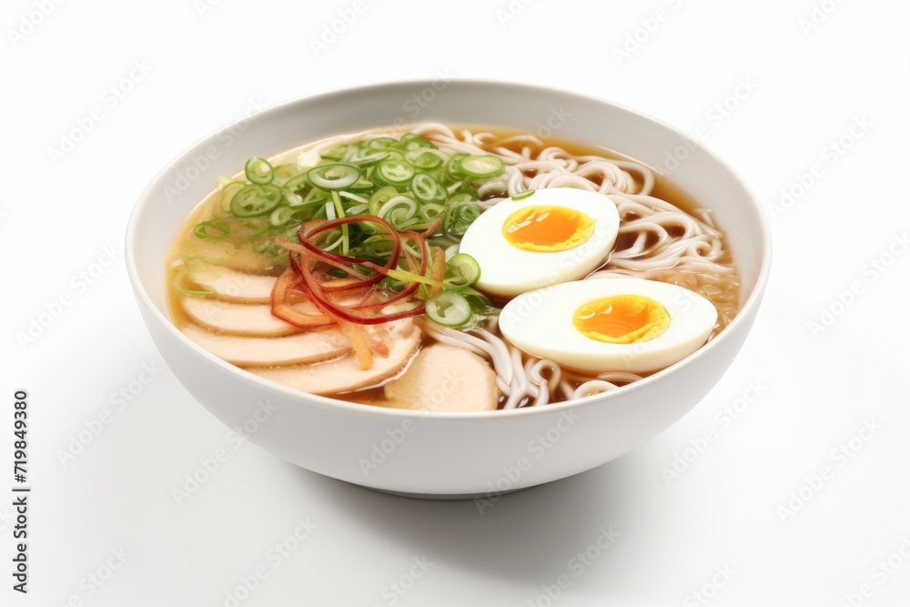 Delicious Ramen Soup in a Stylish Bowl, Capturing the Essence of Asian Cuisine on a White Background, Generative AI