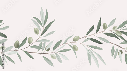 Foliage horizontal seamless pattern, green olive branches and fruits on bright red