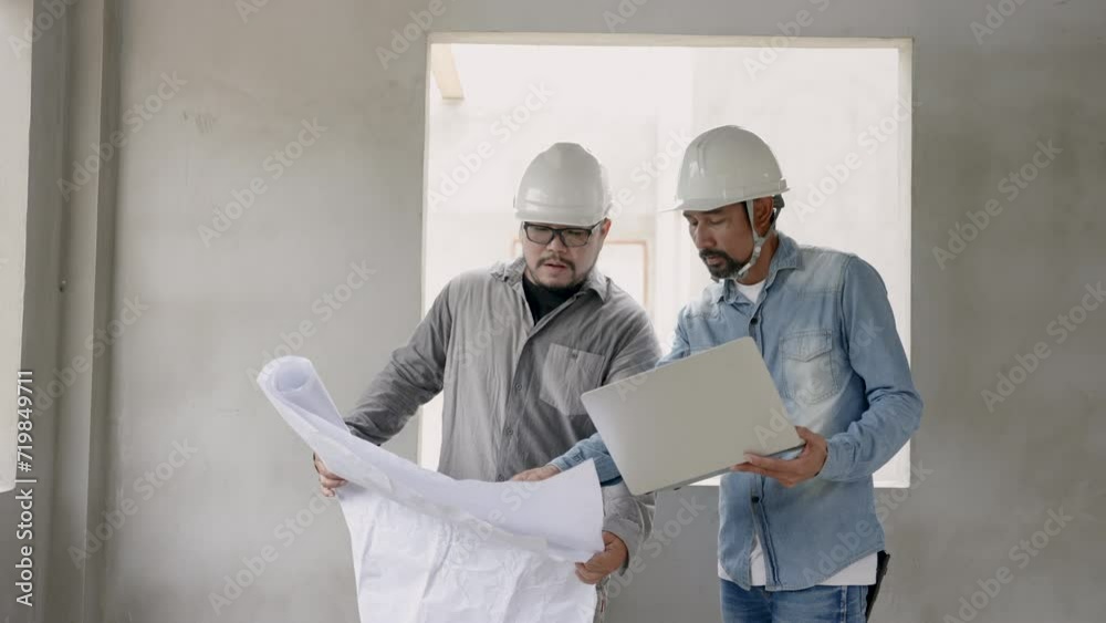 Asian engineers in helmet show house plan. Construction man explain structure plan, home design from laptop and document. Serious workers concerning about the safety building. Project near deadline Asian engineers in helmet show house plan. Construction man explain structure plan, home design from laptop and document. Serious workers concerning about the safety building. Project near deadline