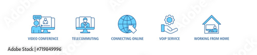 Remote working banner web icon vector illustration concept for working at home with icon of video conference, telecommuting, connecting online, voip, and working from home