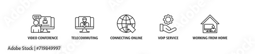 Remote working banner web icon vector illustration concept for working at home with icon of video conference, telecommuting, connecting online, voip, and working from home