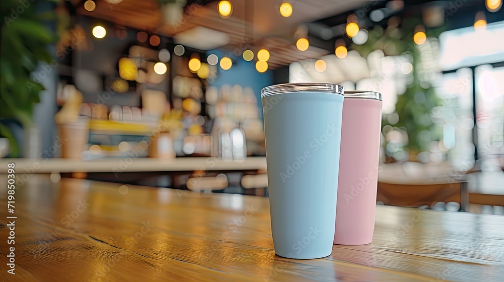 Two paper coffee cups on wooden table in coffee shop. Blurred background. Two paper coffee cups on wooden table in coffee shop. Blurred background.