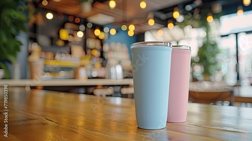 Two paper coffee cups on wooden table in coffee shop. Blurred background.