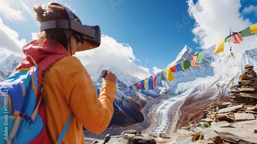 Adventures hiker using VR box to navigate location with a big copy space and a concept of digitalization in travel sector, Generative AI. © Our Scrapbook