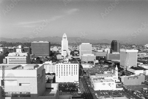 фотографія Grainy archival black and white view of Los Angeles city hall and nearby buildings