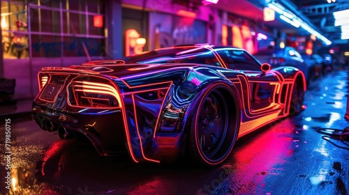 A unique car customization display with vehicles painted in neon gradients and intricate neon designs catching the eye of every perby. photo
