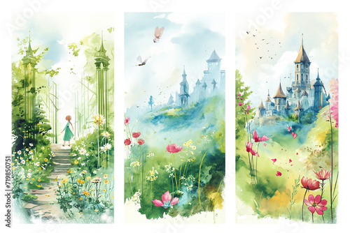 Flower Nature Collage: A lively watercolor illustration that incorporates spring flowers. and the beauty of nature There is a combination of colorful trees, plants, and leaves beneath the image.