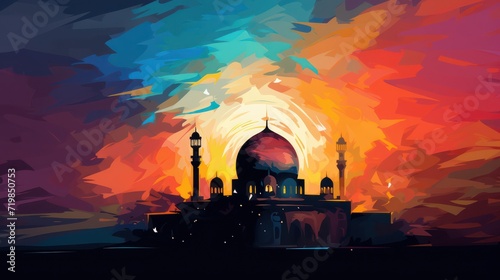 Muslim mosque golden dome Watercolor illustration, decorative ornaments celebrating Eid al-Fitr and the month of Ramadan.	
