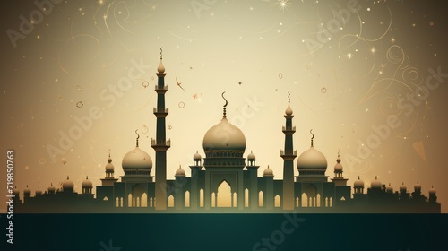 Mosque Muslims worship, ornamental copy space template for the Eid al-Fitr holiday and the month of Ramadan mubarak. Pastel color minimalist design.