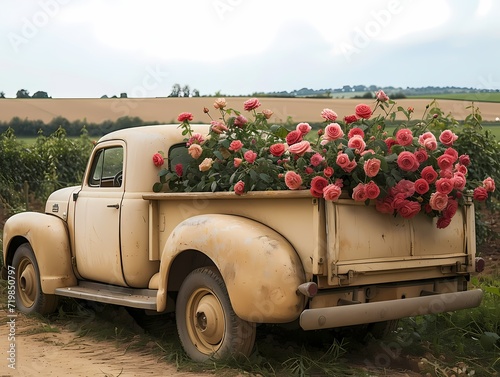 vintage cram car with red roses on the back truck for valentine perfect background for valentine card, poster, wallpaper, background