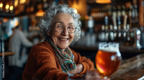An elderly woman at a bar laughing and consuming beer  space  Generative AI.