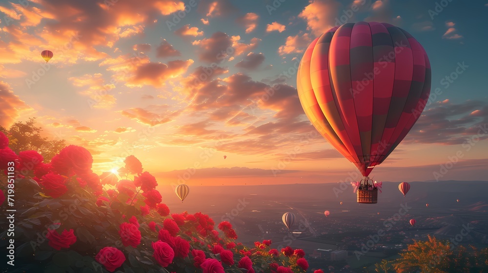 hot air balloon with red roses on sunset sky perfect background for ...
