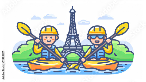 simple line art minimalist collage illustration with professional train in kayaking and canoeing and Eiffel Tower in the background, olympic games, wide lens