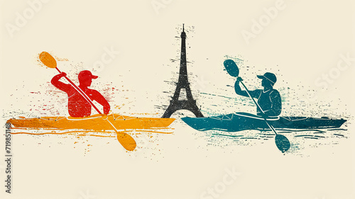 simple line art minimalist collage illustration with professional train in kayaking and canoeing and Eiffel Tower in the background, olympic games, wide lens photo