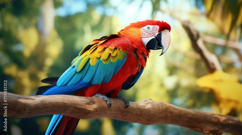 A vibrant, colorful macaw parrot perched in the park