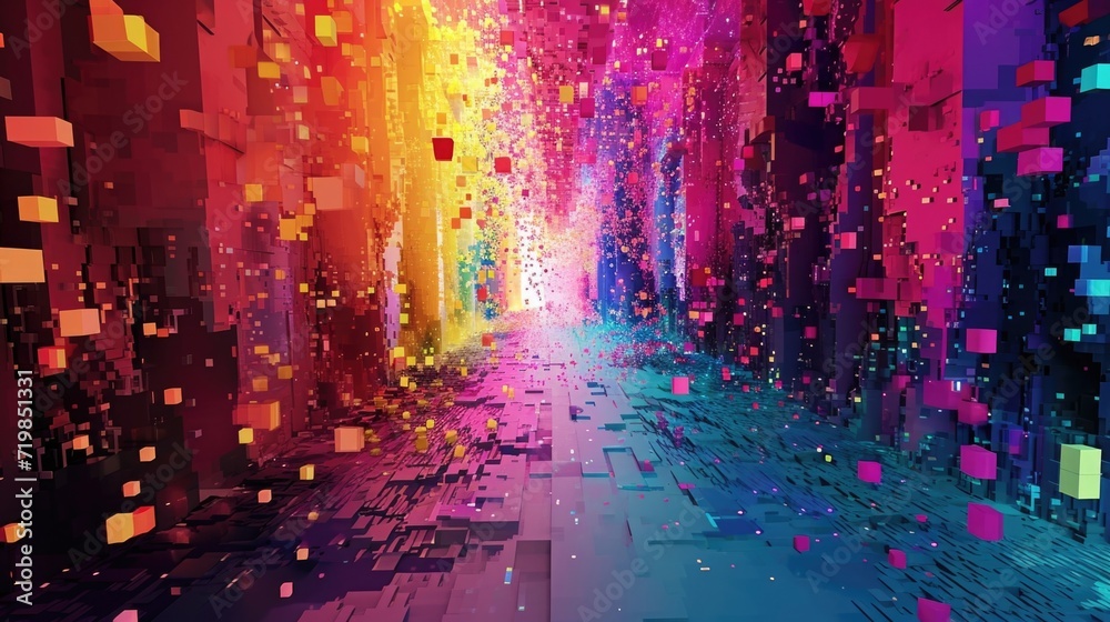 The concert hall is transformed into a pixelated wonderland filled with multicolored blocks bouncing to the rhythm of the music. The artists avatar takes center stage surrounded