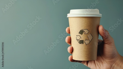 An image of a man carrying a paper coffee cup with a recycling sign set with a deep green backdrop, Generative AI. photo