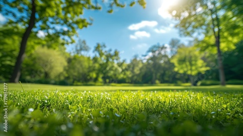 Beautiful blurred background image of spring nature with a neatly trimmed lawn surrounded by trees against a blue sky with clouds on a bright sunny day. copy space - generative ai