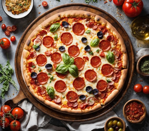 Gorgeous tomato and olive pizza for breakfast, close-up, top view