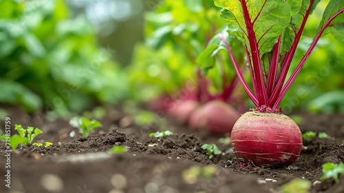 An up close view of a beetroot on the earth in a vegetable garden, space, Generative AI.