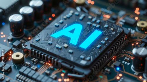 On top of a sophisticated chip, there is a hologram consisting of two letters "AI", Unreal Engine rendering, depth of field effect, 3D