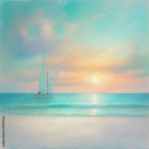 pastel tropical beach, with turquoise and small white waves. 