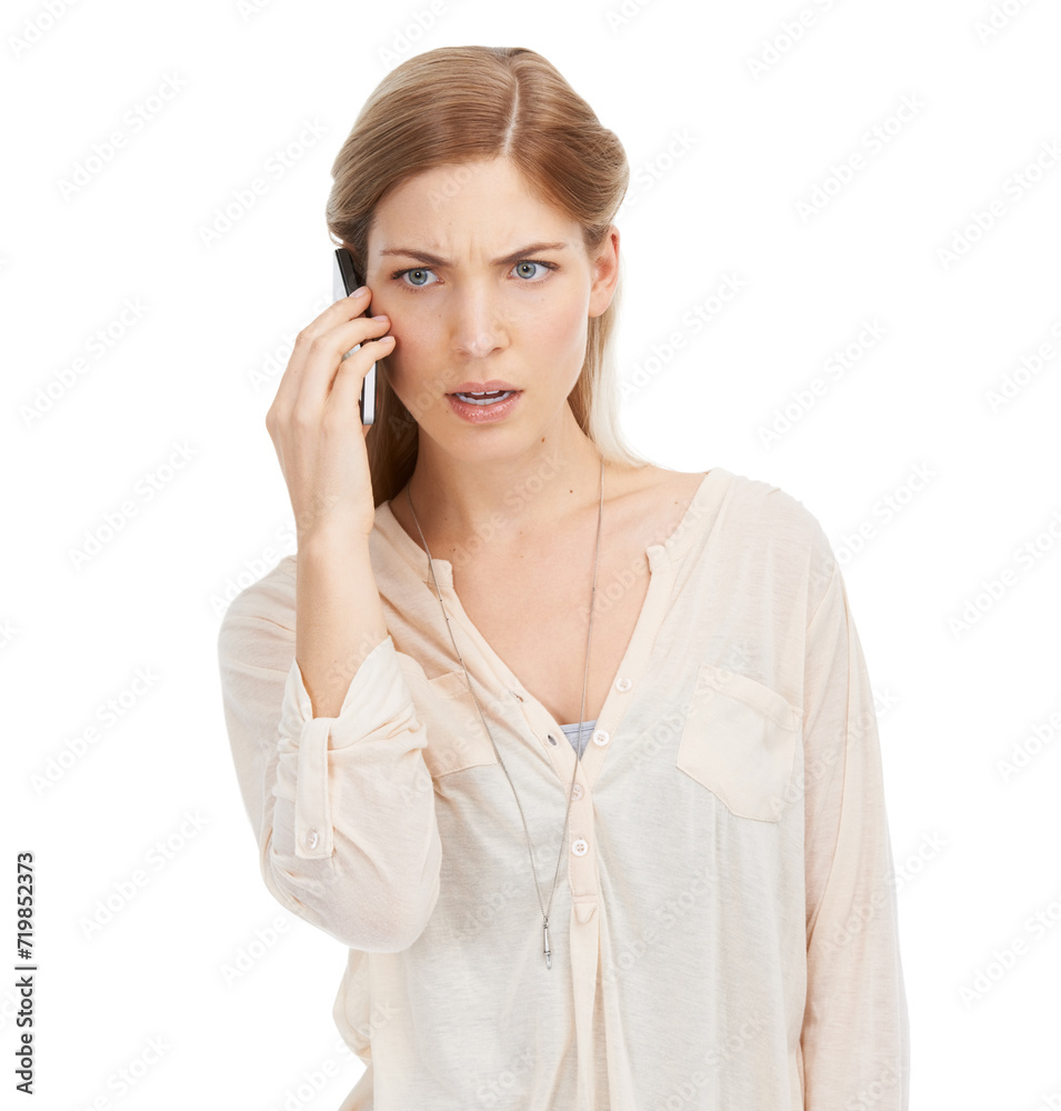 Woman, angry and stress with phone call in studio, social and feedback or bad connection for communication. Model, frustrated and smartphone for discussion, chat and technology by white background Woman, angry and stress with phone call in studio, social and feedback or bad connection for communication. Model, frustrated and smartphone for discussion, chat and technology by white background
