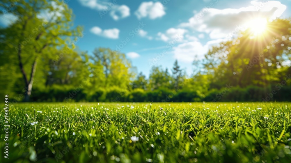 Beautiful blurred background image of spring nature with a neatly trimmed lawn surrounded by trees against a blue sky with clouds on a bright sunny day. copy space - generative ai Beautiful blurred background image of spring nature with a neatly trimmed lawn surrounded by trees against a blue sky with clouds on a bright sunny day. copy space - generative ai