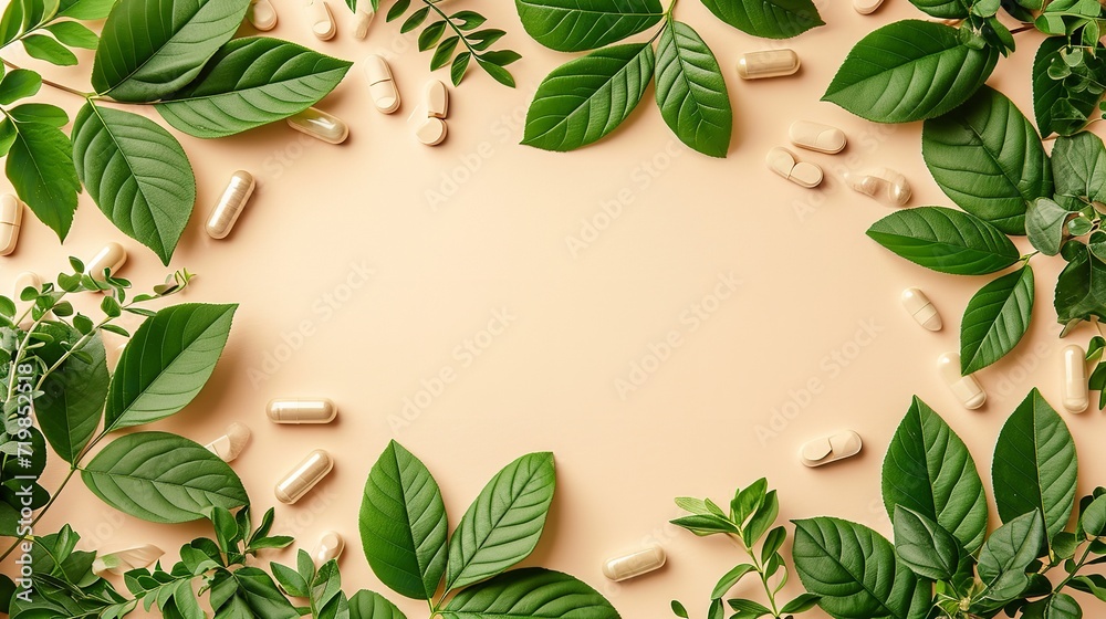 Ashwagandha leafy greens and pill, capsule combination on a beige backdrop, space, Generative AI.