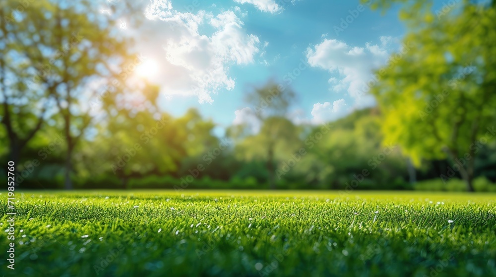 Beautiful blurred background image of spring nature with a neatly trimmed lawn surrounded by trees against a blue sky with clouds on a bright sunny day. copy space - generative ai - obrazy, fototapety, plakaty 