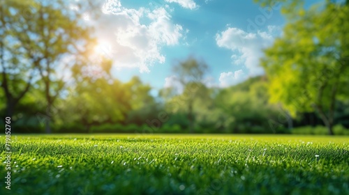 Beautiful blurred background image of spring nature with a neatly trimmed lawn surrounded by trees against a blue sky with clouds on a bright sunny day. copy space - generative ai photo