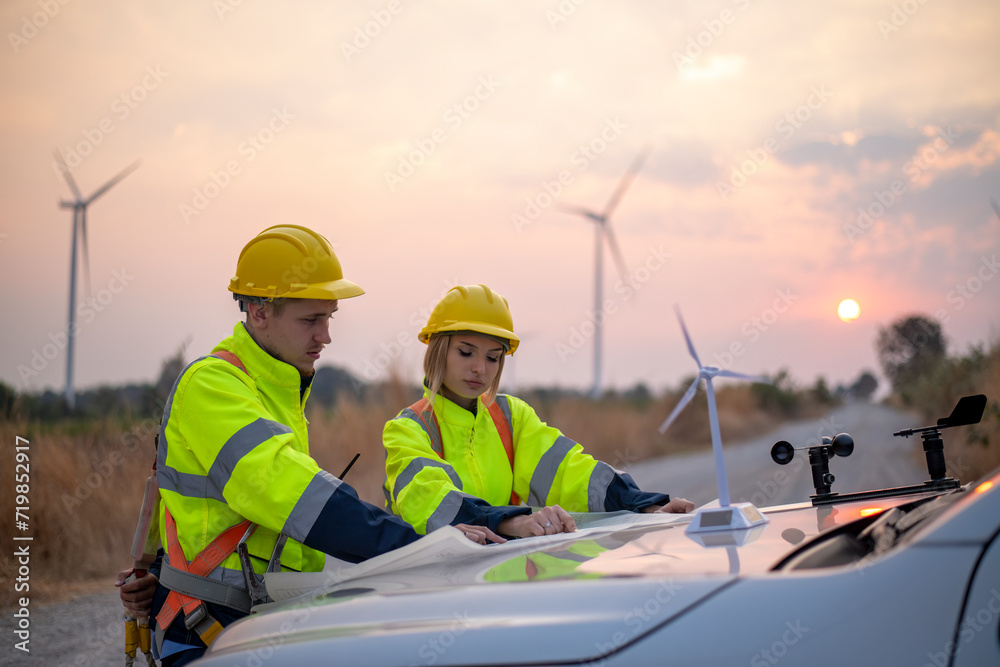 Engineer wearing uniform read blueprint document inspection work in wind turbine farms rotation to electricity,standing in front of car Model windmill and wind force meter is ecology energy concept. Engineer wearing uniform read blueprint document inspection work in wind turbine farms rotation to electricity,standing in front of car Model windmill and wind force meter is ecology energy concept.