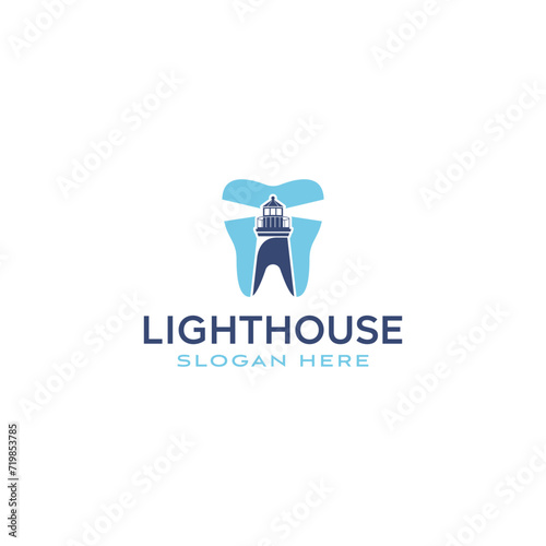 Lighthouse Searchlight Beacon with Tooth teeth Dentist dental Logo Design Inspiration