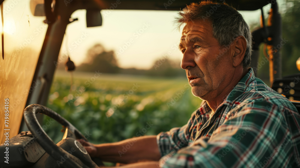 Mature senior farmer driving tractor on field Mature senior farmer driving tractor on field