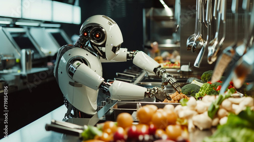 At a Michelin-starred restaurant, an advanced robot chef demonstrates his culinary prowess at a carefully curated vegetarian buffet set against an unusual backdrop. New technologies.